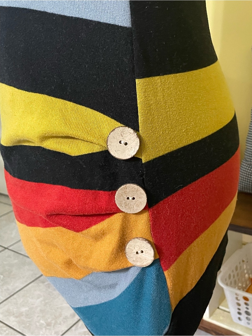 Striped Multicolor Crewneck Sweater w/Faux Button Detail - Picture 5 of 13